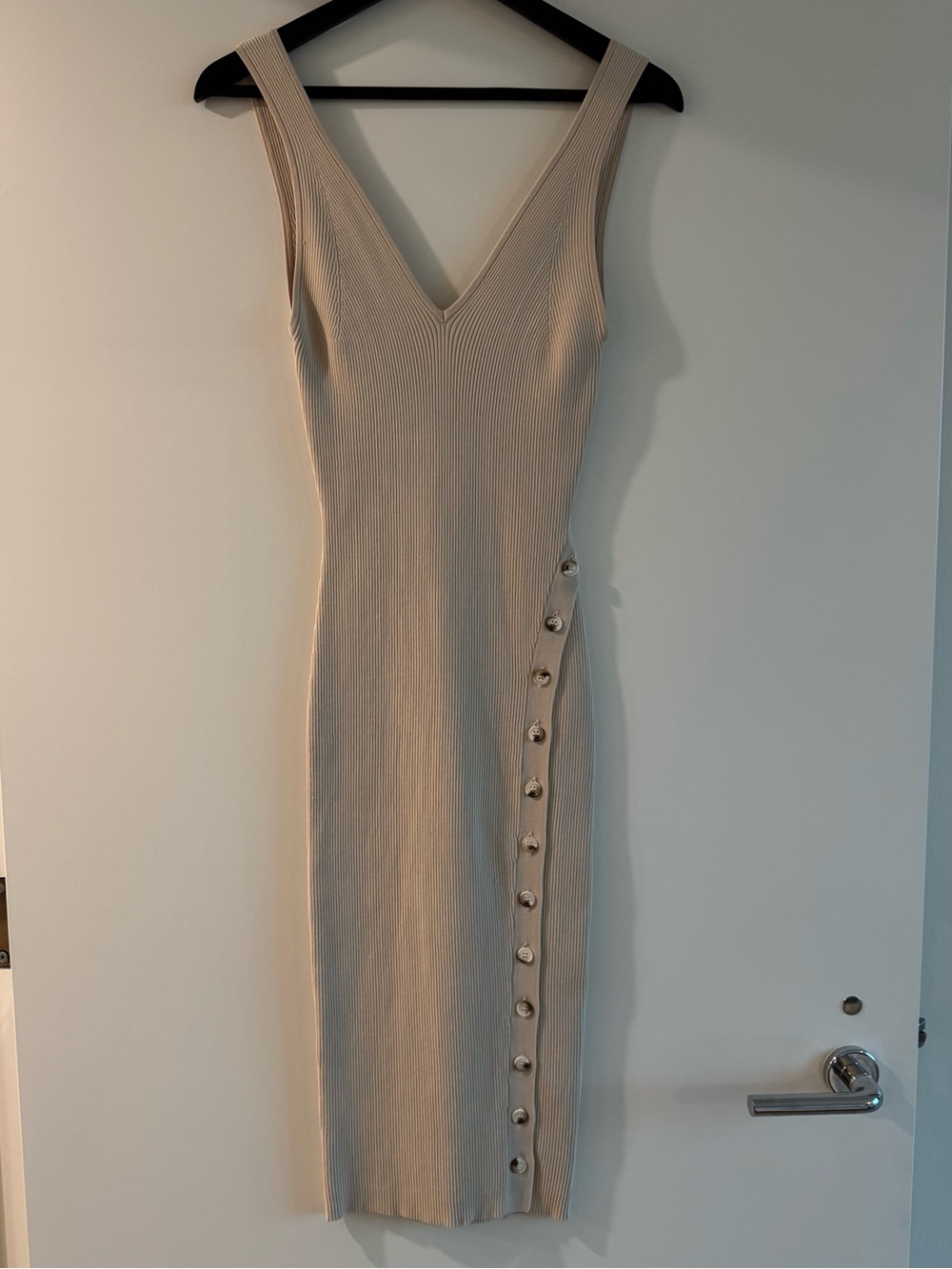 Sleeveless V-Neck Beige Button-Accent Midi Dress